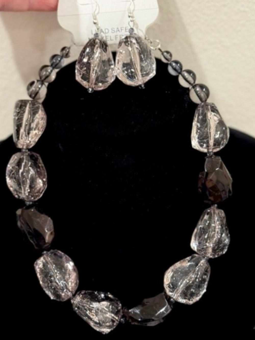 Clear and Smoky Glass Bead Necklace & Earring Set